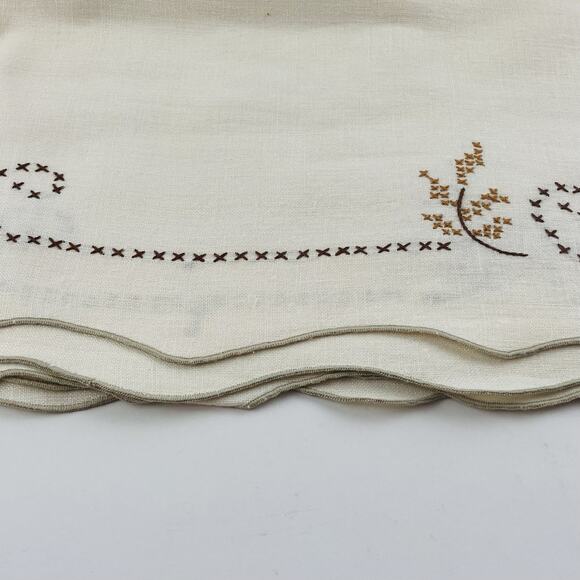 VTG Tablecloth Hand Embroidered CROSS STITCH Cream Brown Floral Neutral Taupe Es - Picture 10 of 16